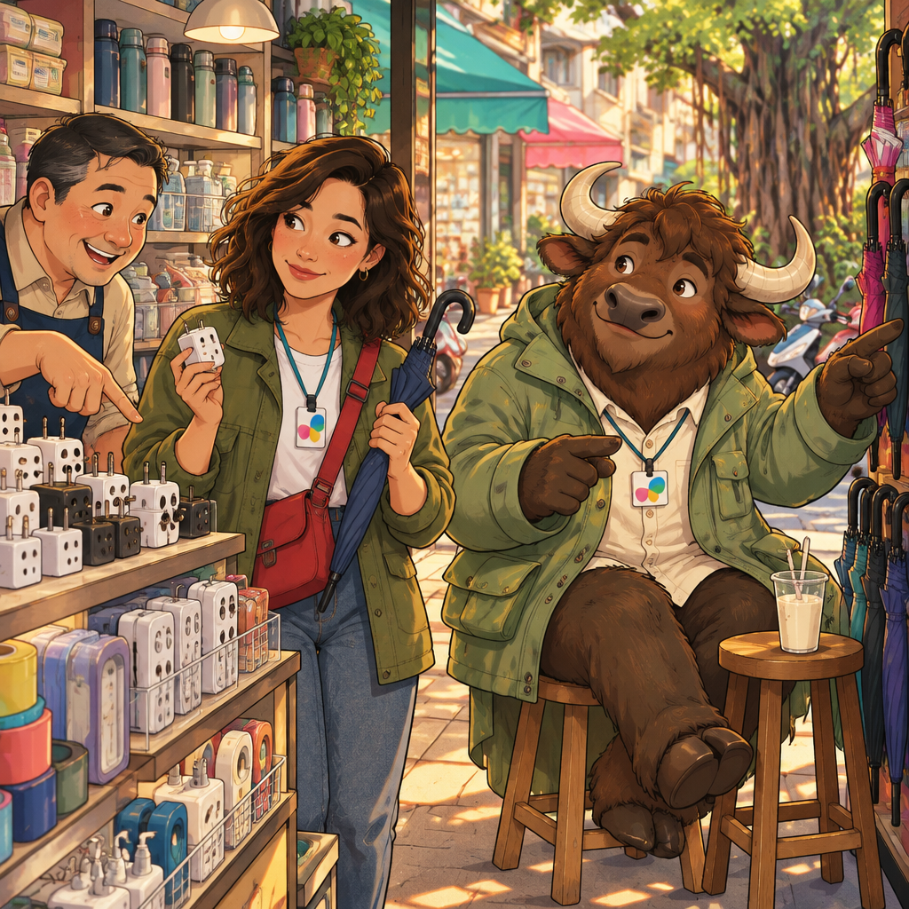 Maya searches a neighborhood shop for a plug adapter and an umbrella while the clerk and A-Li point in different directions.