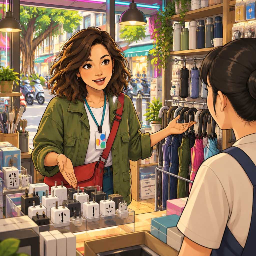 Maya tells the shop clerk what she is looking for, gesturing toward plug adapters and umbrellas.
