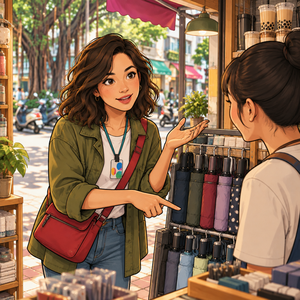Maya asks the clerk whether the shop has an umbrella while pointing to the umbrella rack.