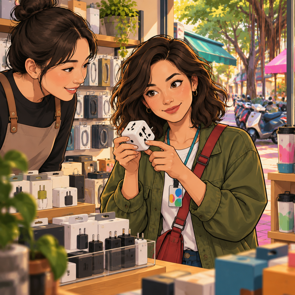 Maya examines a plug adapter and asks the clerk whether it has the feature she needs.