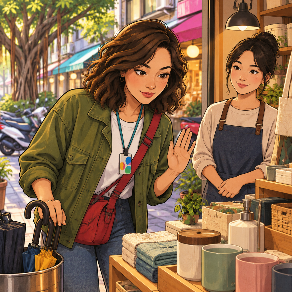 Maya tells the clerk she will look first as she browses the shop display at her own pace.