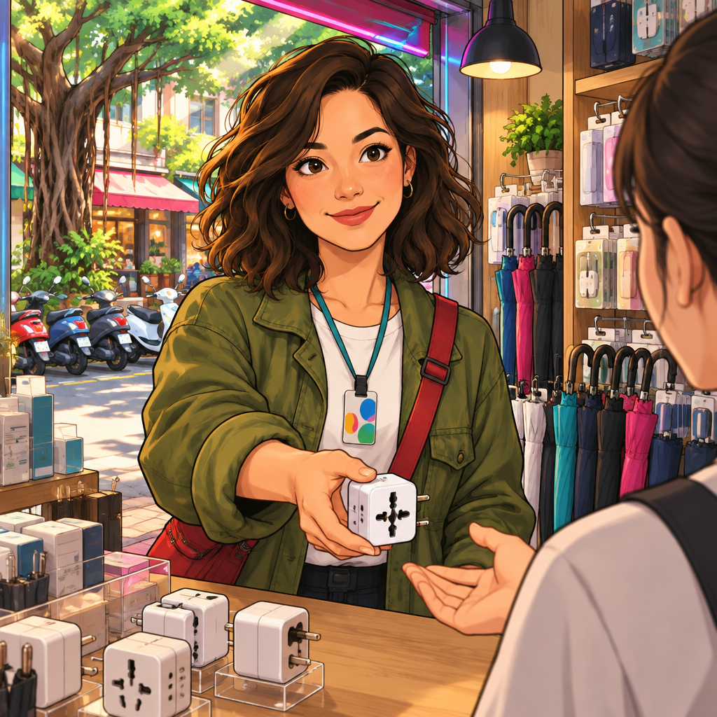 Maya chooses a plug adapter and presents it to the clerk as her selection.