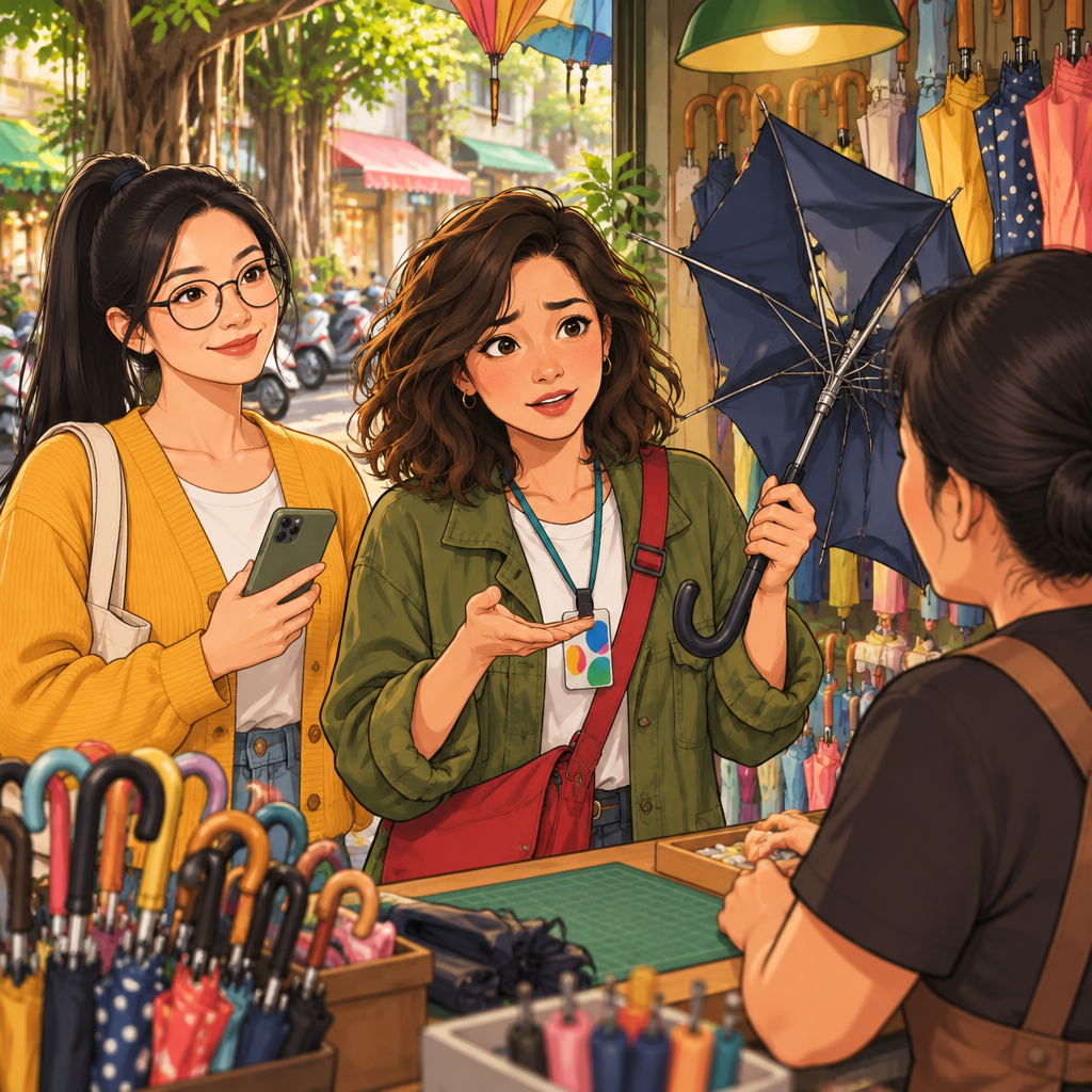 Maya presents her broken umbrella to the shopkeeper and asks whether it can be exchanged.