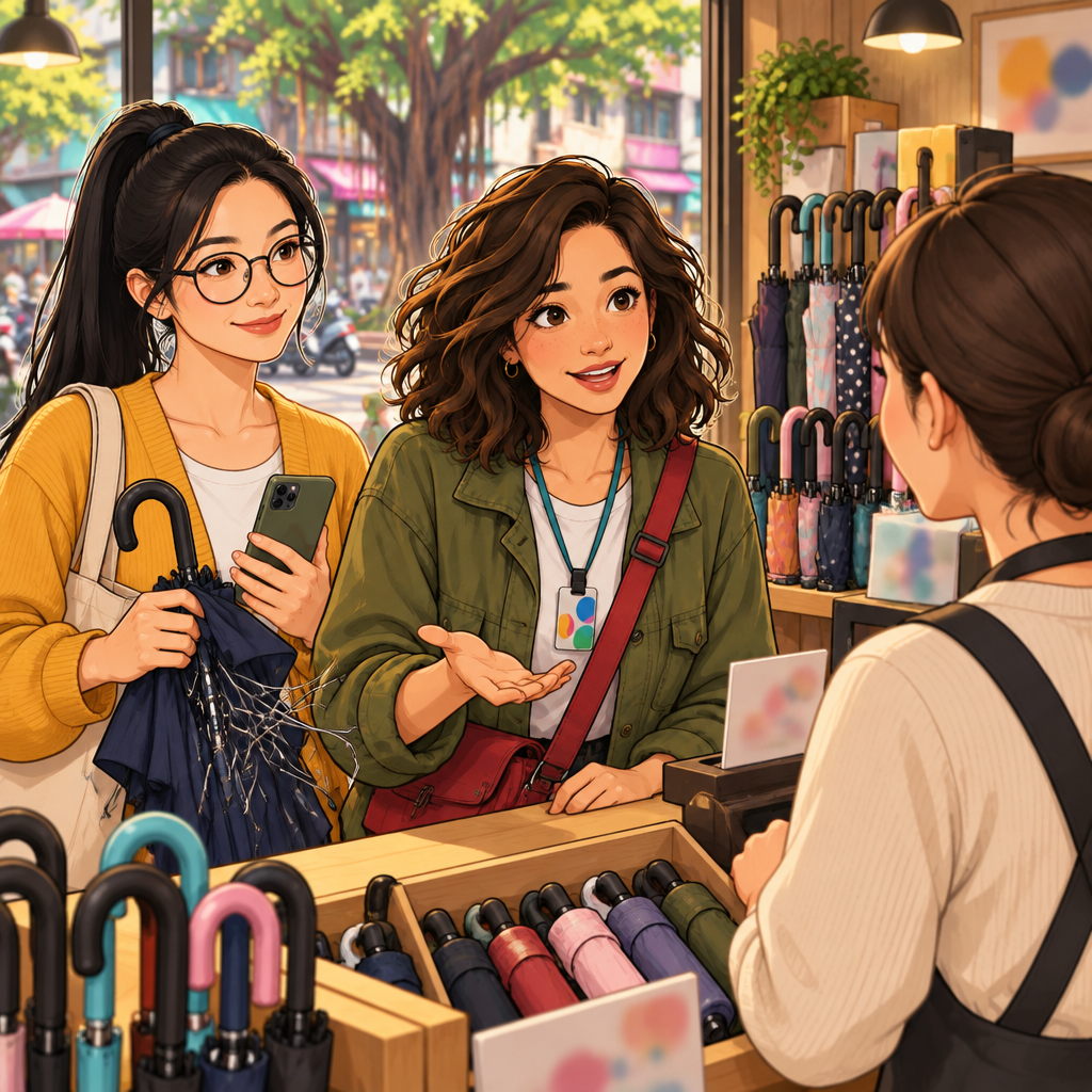 Maya leans toward the shopkeeper with a questioning gesture as she asks about the return policy.
