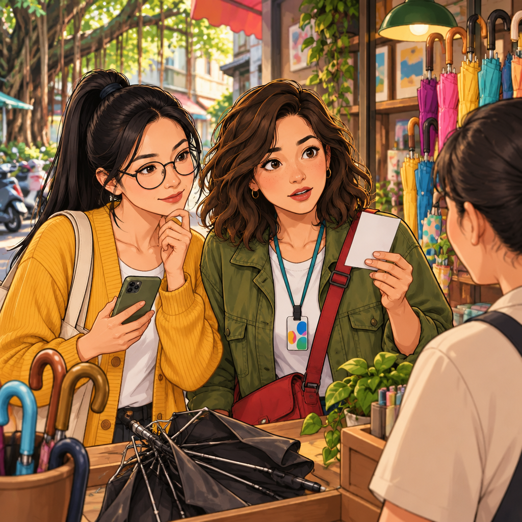 Maya holds a small receipt and looks to the shopkeeper to ask whether she should keep it.