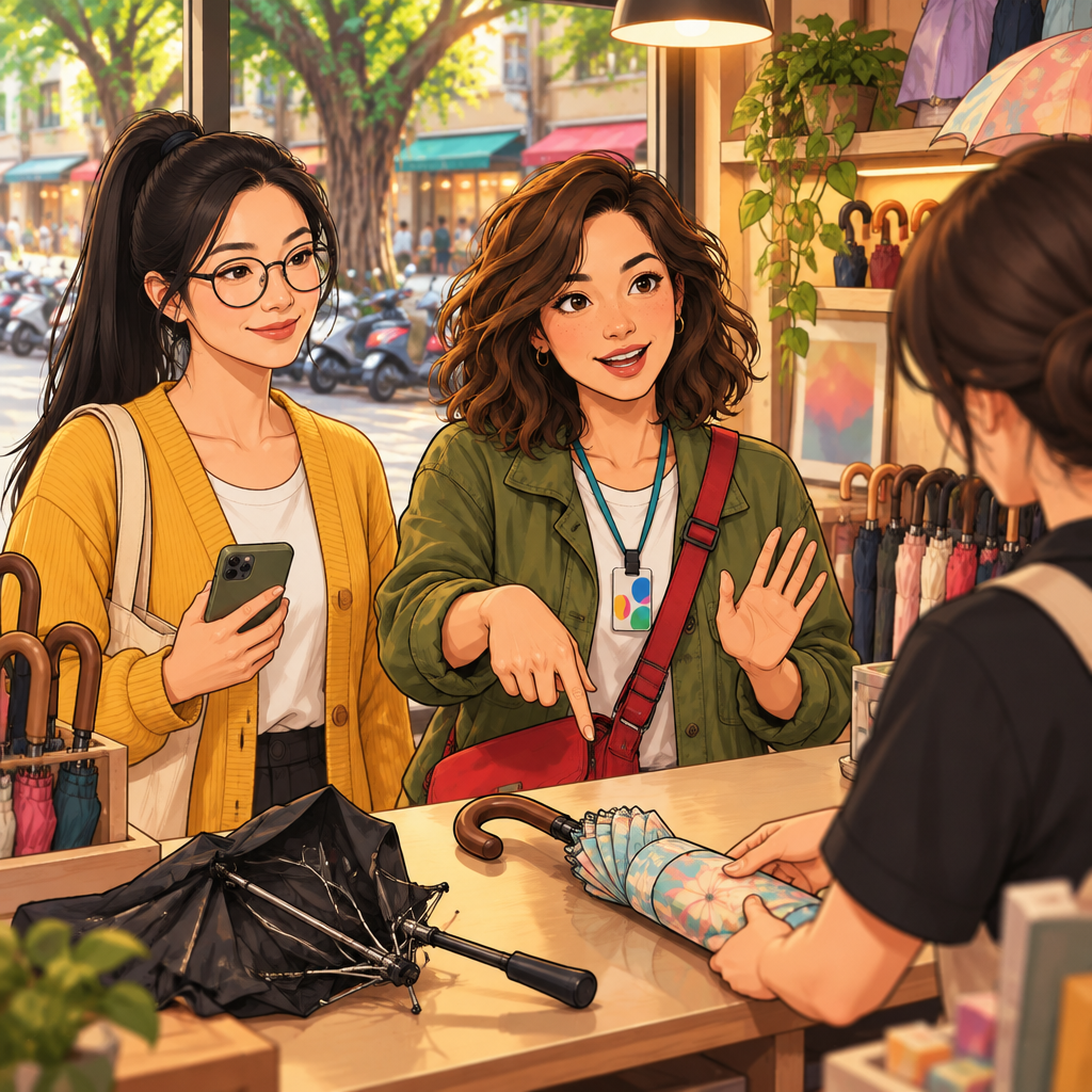 Maya points to the different umbrella she likes and asks the shopkeeper to hold it for her.