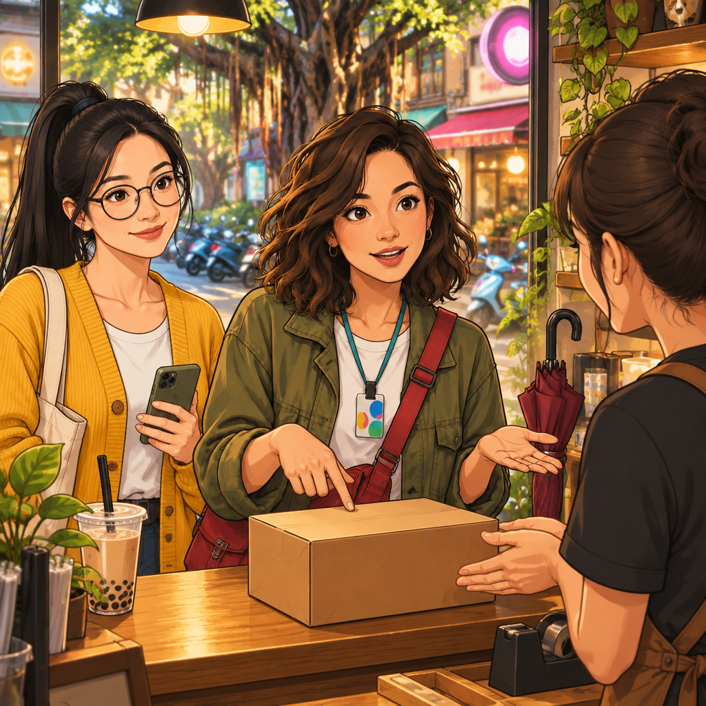Maya gestures toward a delivery parcel as she asks the shopkeeper how long delivery takes.