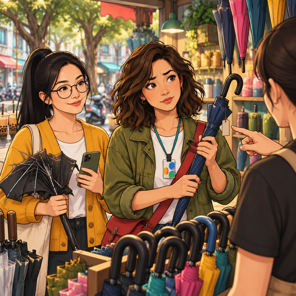 Maya examines the umbrella’s handle and asks the shopkeeper how long its warranty lasts.
