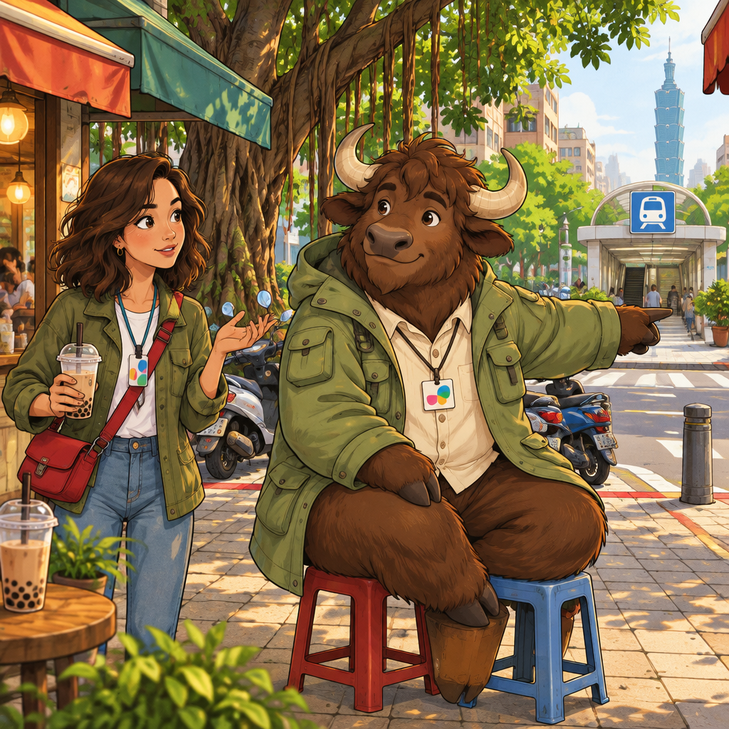 Maya politely asks A-Li how to get to the MRT station while he points toward it.