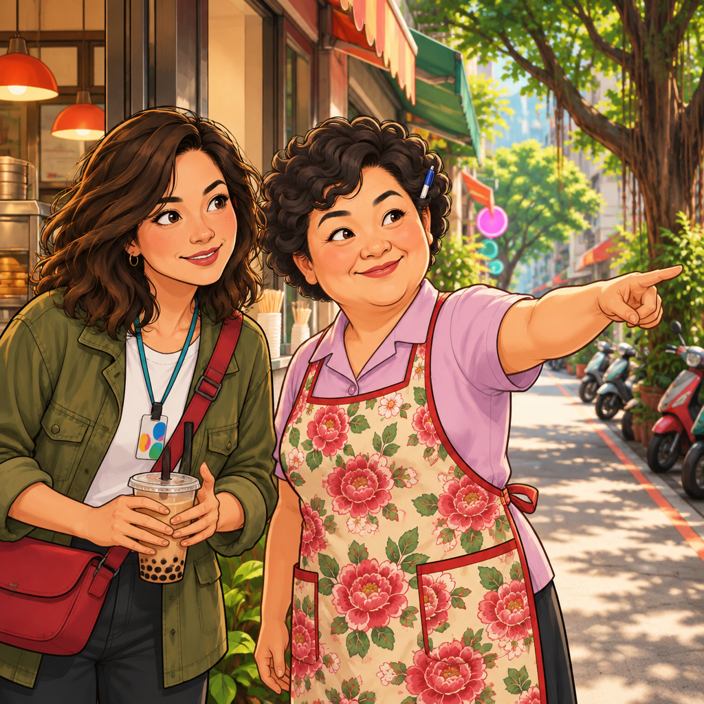 Auntie Lin speaks to Maya at the breakfast-shop doorway and points straight down the lane.