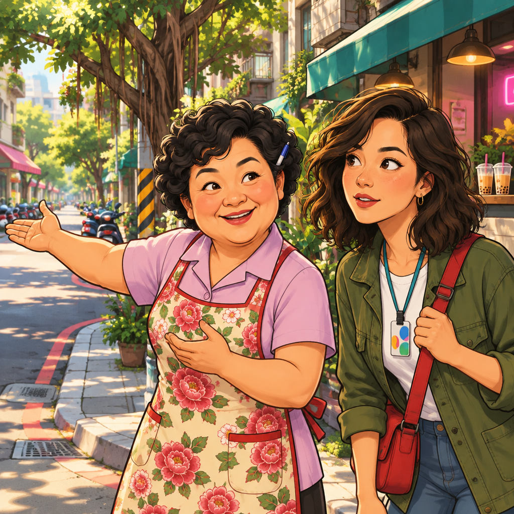 Auntie Lin speaks to Maya at a lane corner and gestures toward the left-hand street.