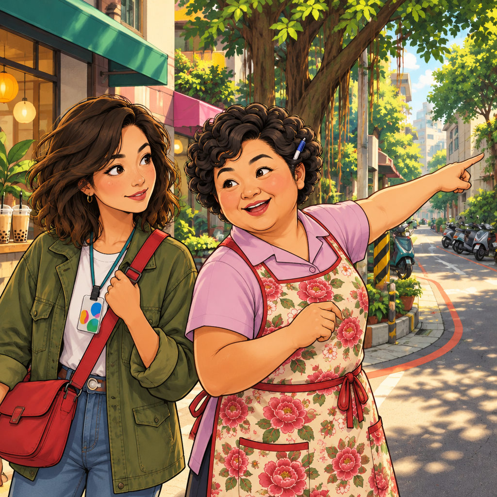 Auntie Lin speaks to Maya at a different corner and points toward the right-hand street.
