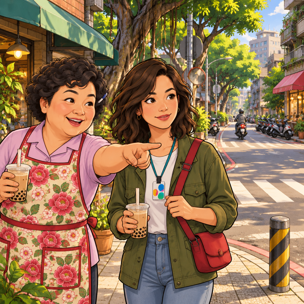 Auntie Lin speaks to Maya beside the first intersection and points toward the turn there.