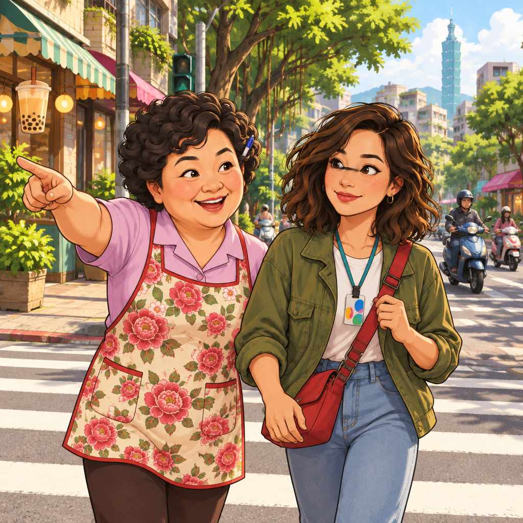 Auntie Lin speaks to Maya at a crosswalk and gestures for her to cross the street with her.