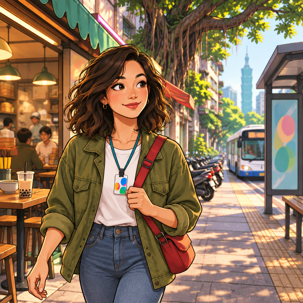 Maya walks from the breakfast shop toward a nearby bus stop, with her unfinished drink left behind on a shop table.