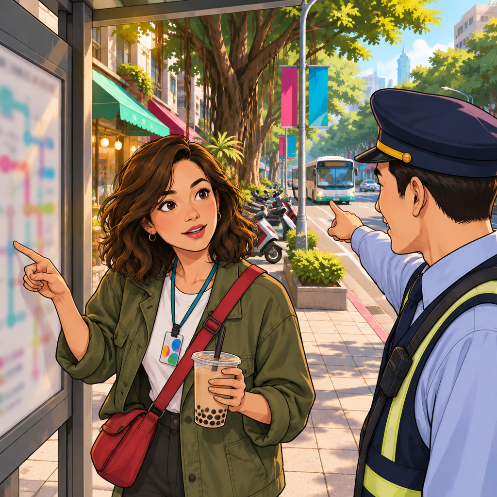 Maya asks a transit staff member which bus goes to Taipei Main Station.