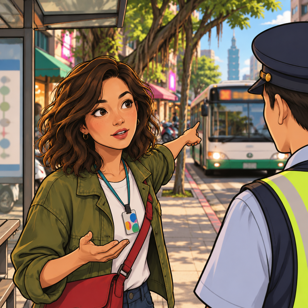 Maya points toward an approaching bus as she asks whether it goes to Xinyi.