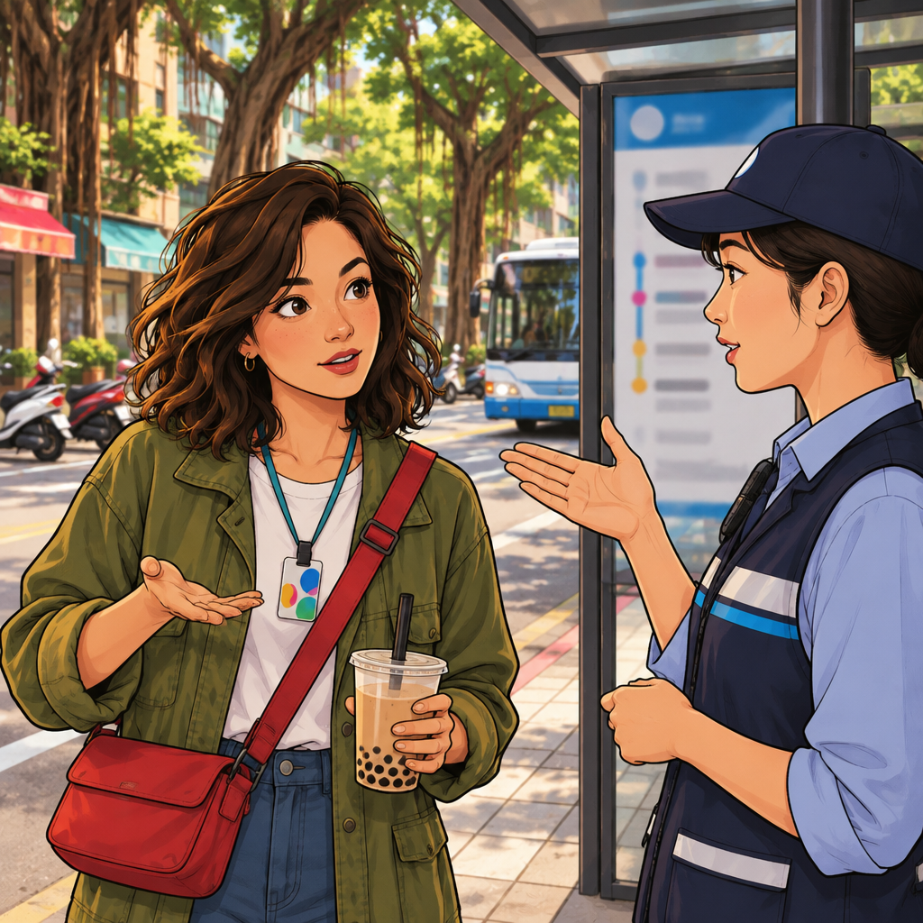 Maya asks the transit staff member how often a bus comes.