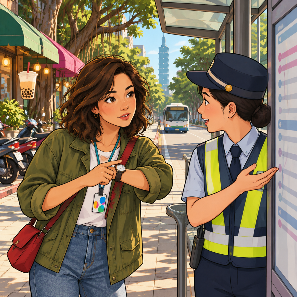 Maya checks her wristwatch while asking when the bus leaves.