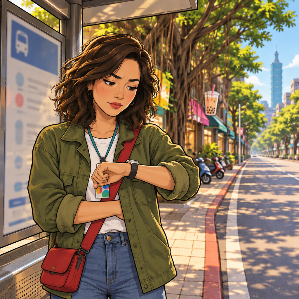 Maya waits at the stop and checks her watch as the bus is delayed.