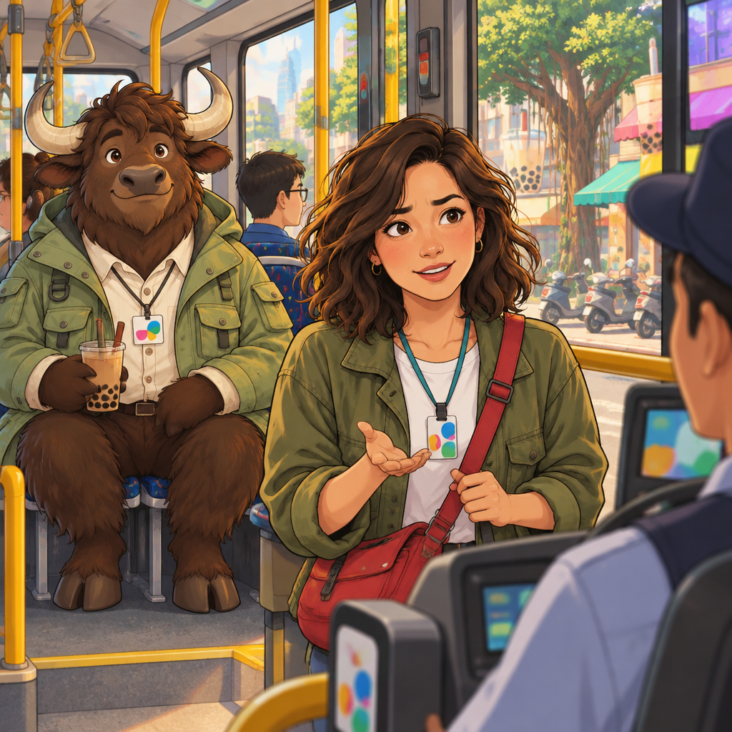 Maya asks the driver whether she needs to transfer while A-Li occupies two seats on the bus.