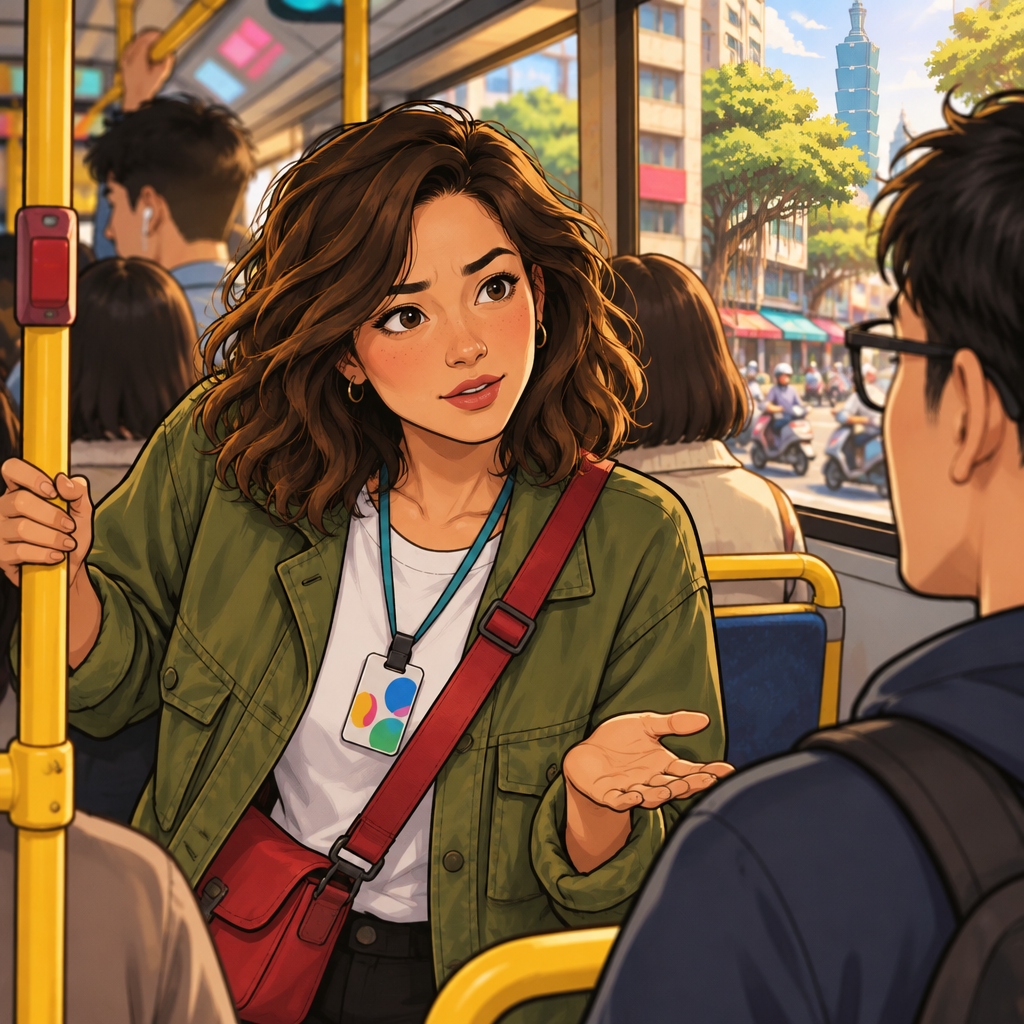 Maya asks a nearby passenger which stop comes next while the bus moves through the city.