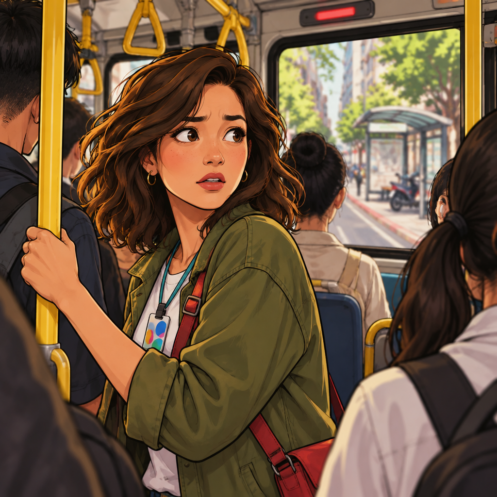 Maya realizes the bus has passed her stop and looks worried as the stop recedes outside.