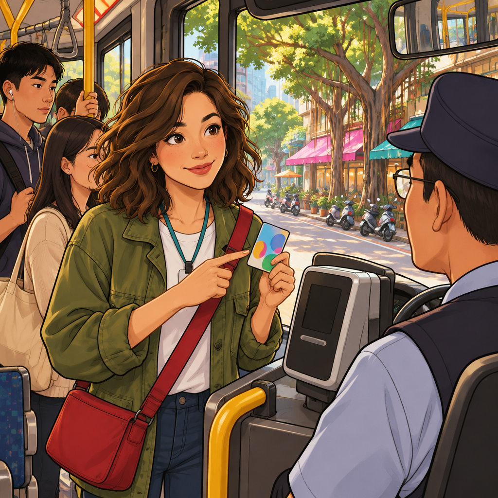 Maya asks the bus driver whether passengers need to tap their cards when boarding and getting off.