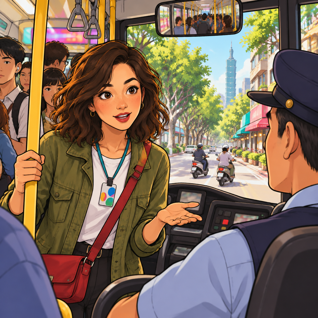 Maya politely asks the driver if she can buy a ticket on the bus.