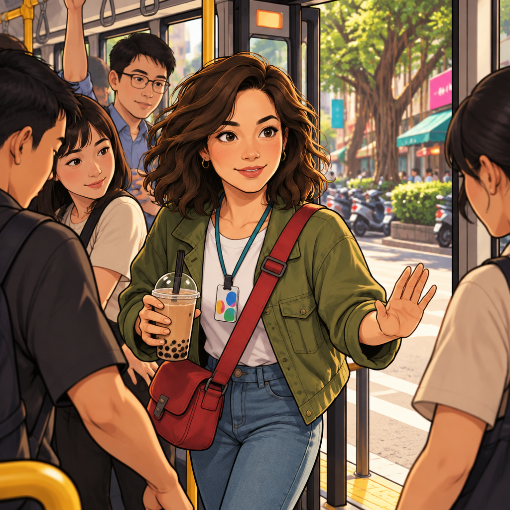 Maya asks the crowded passengers to make room so she can get off at the next stop.