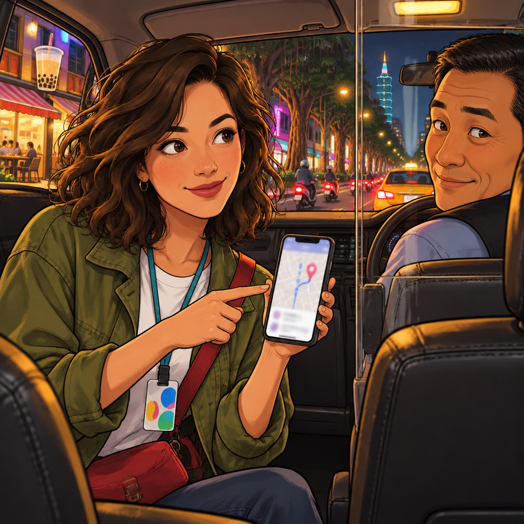Maya holds up her phone with an unreadable address as she asks the taxi driver to take her there.