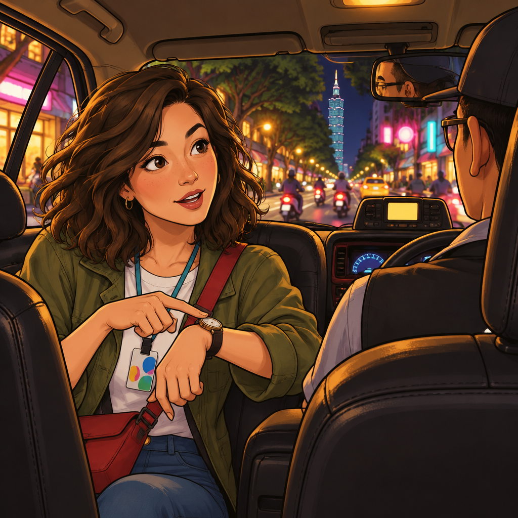 Maya asks the driver how long the ride will take while glancing at her wristwatch.
