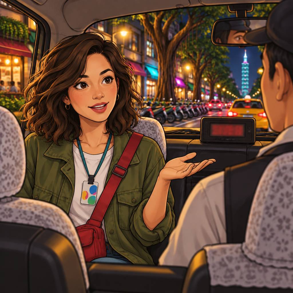 Maya asks about the fare with an open-palm gesture toward the driver and the taxi meter.