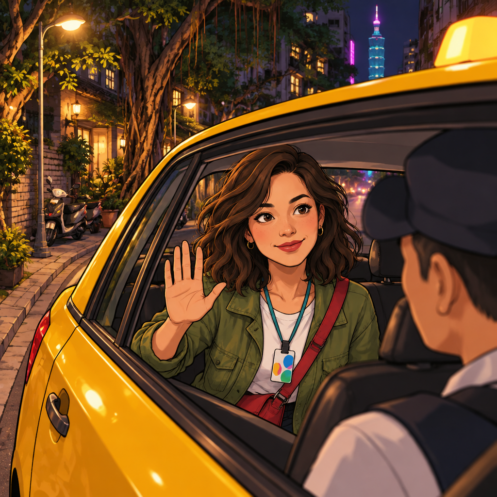 Maya raises a hand to ask the driver to stop briefly at the curb near Banyan Lane.