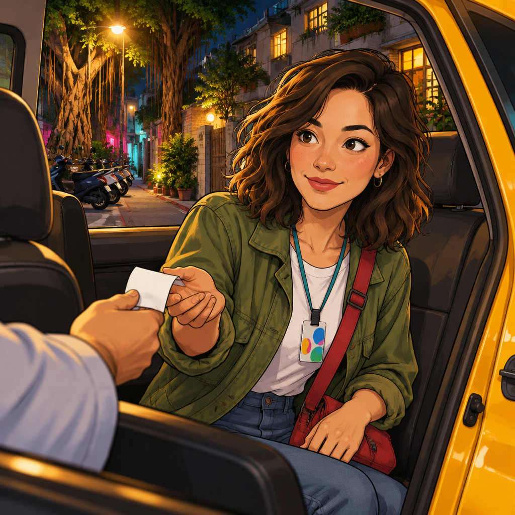 Maya asks for a receipt before getting out as the driver hands one back to her.