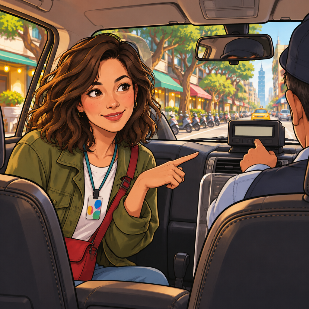 Maya sits in the back of the taxi and politely gestures toward the meter as the driver reaches to start it.