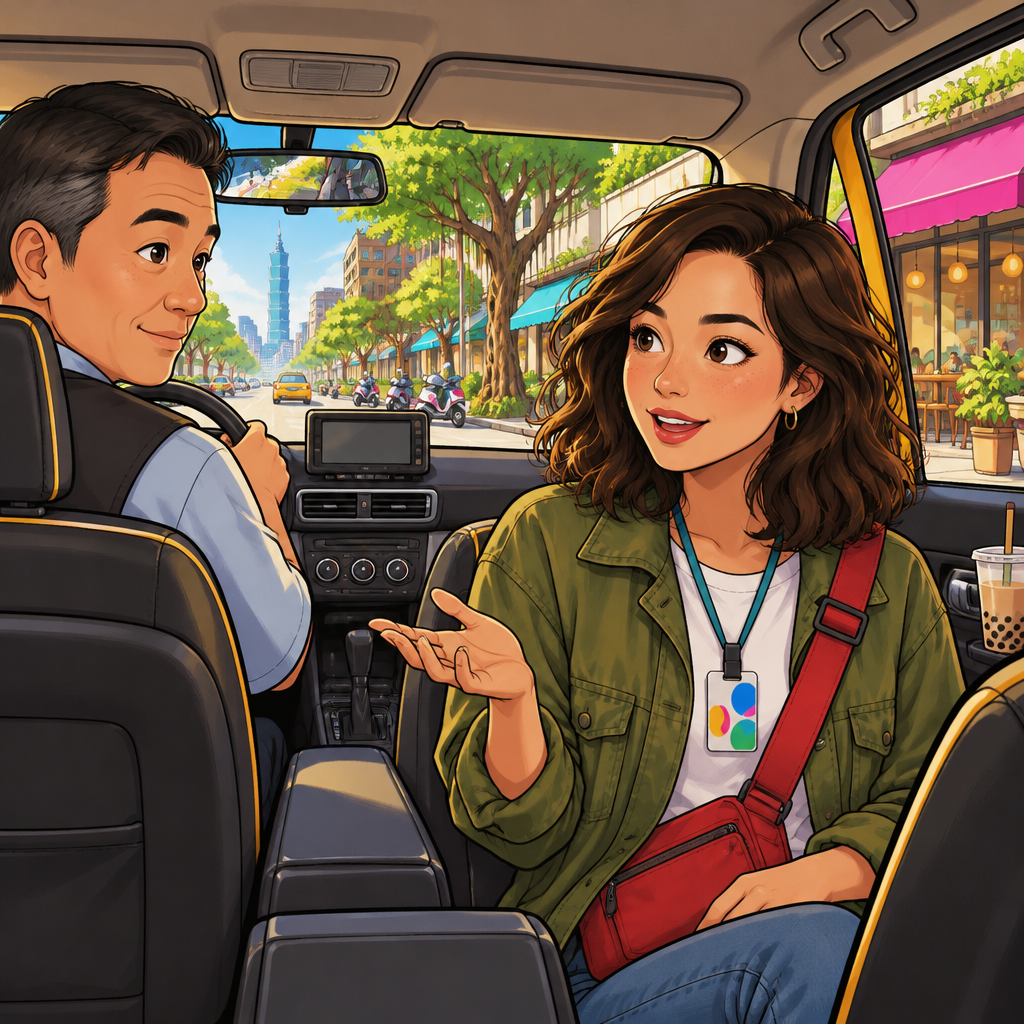 Maya asks about an extra charge with an open-palmed gesture while the taxi driver listens.