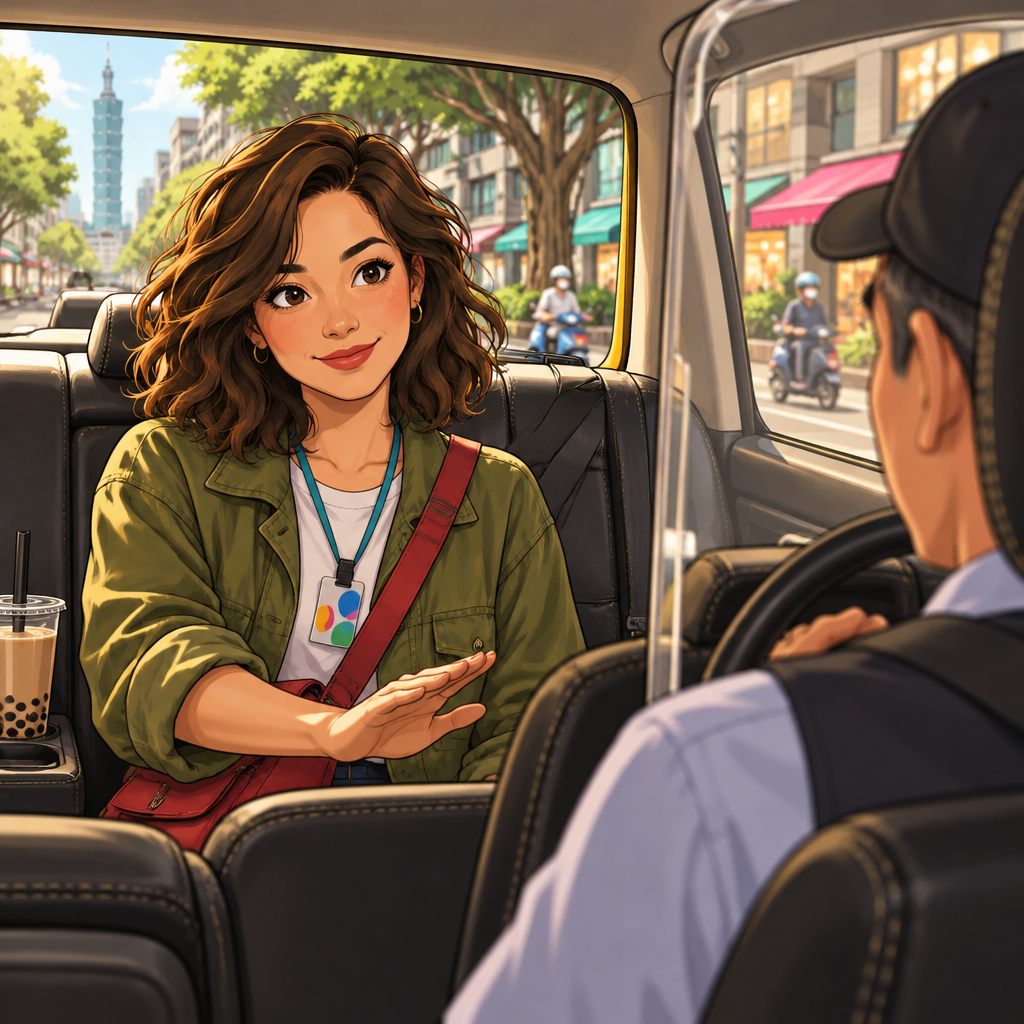 Maya makes a gentle request for a slower ride, using a calm downward hand gesture from the back seat.