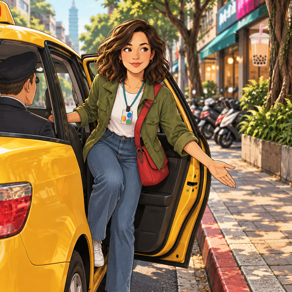 Maya waits beside the stopped taxi at the curb and politely gestures that she wants to get out here.