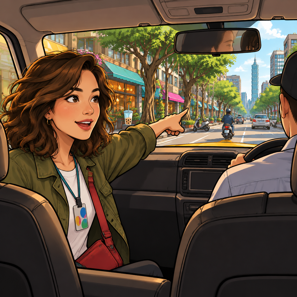 From the back seat, Maya points ahead to indicate a place farther up the street where she wants the taxi to stop first.