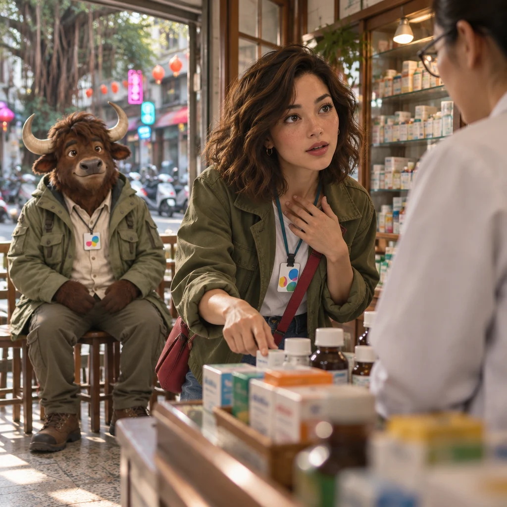 Maya indicates her cough and the medicine at the counter as she asks the pharmacist for cough medicine.