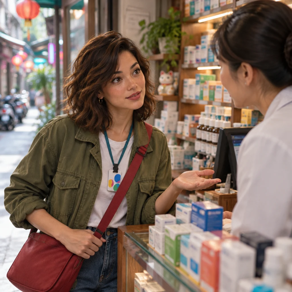 Maya makes an open-handed inquiry toward the pharmacist while looking at the cold-medicine display.