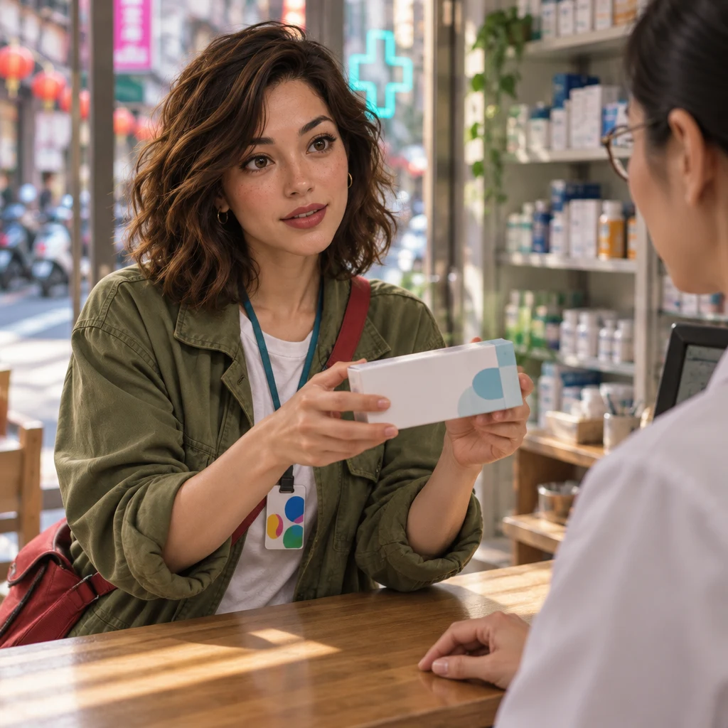 Maya holds up a medicine package and asks the pharmacist whether it requires a prescription.