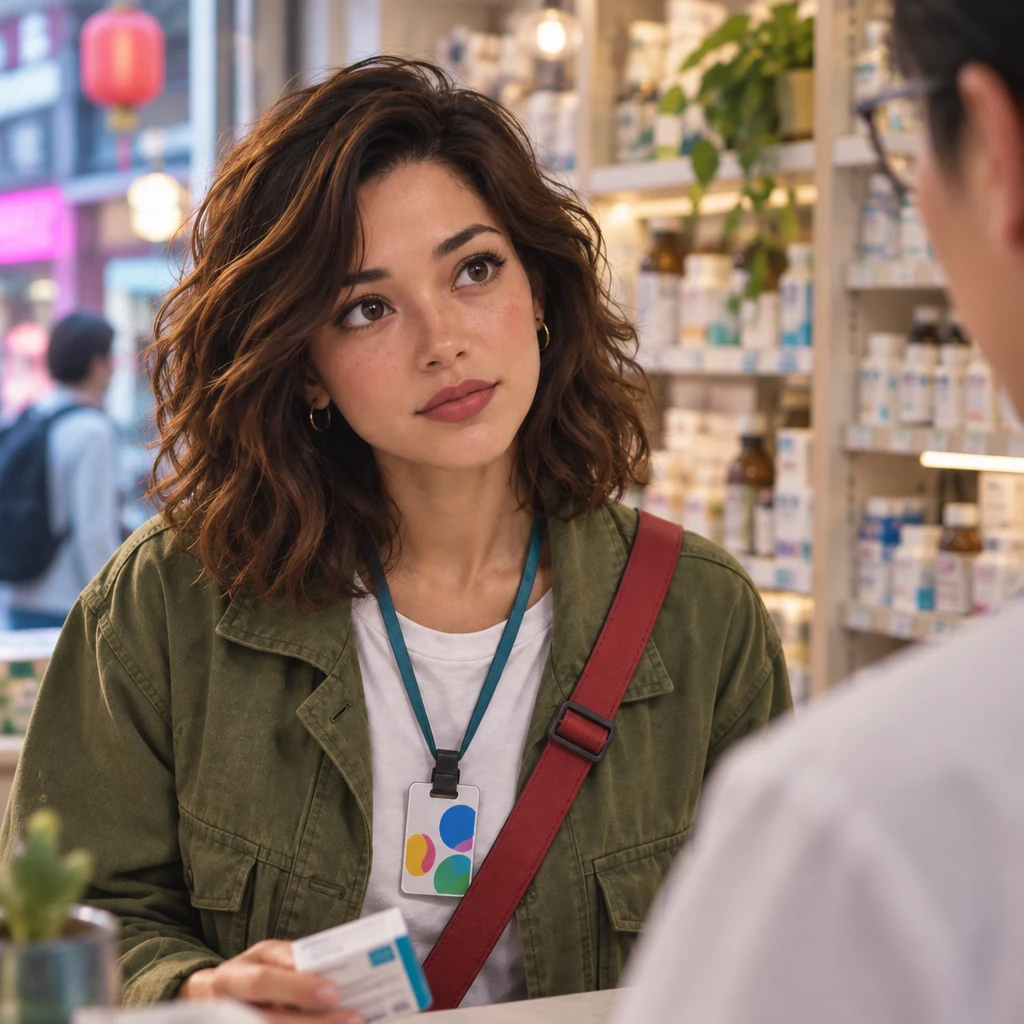 Maya studies a medicine package and pauses, unsure, as she asks the pharmacist whether it might make her sleepy.