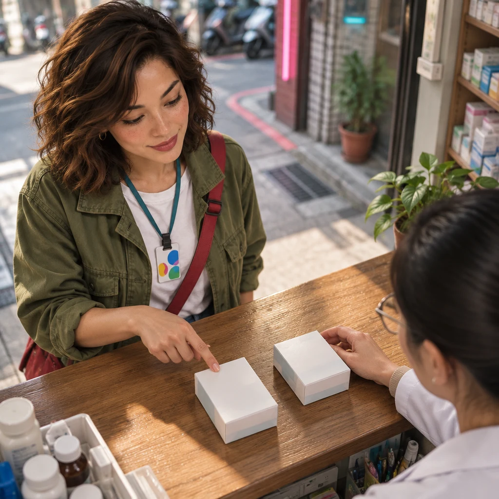 Maya points between two similar unmarked medicine packages as she asks the pharmacist about a generic option.