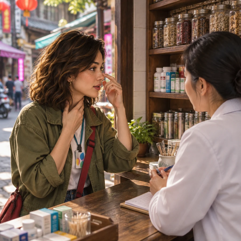 Maya lists her symptoms with a small cough and a gesture toward her throat and nose while the pharmacist listens.