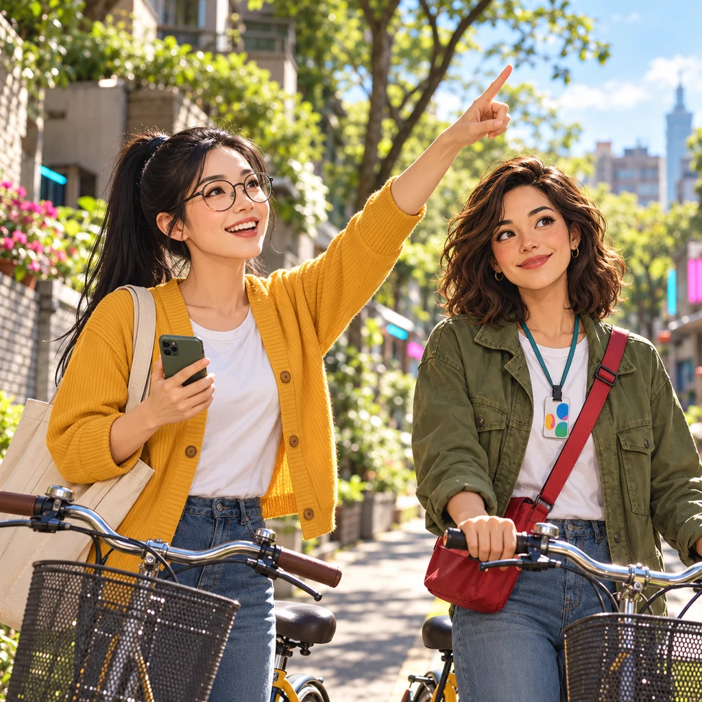 Yi-Jun gestures toward the pleasant weather while preparing to ride bicycles with Maya.