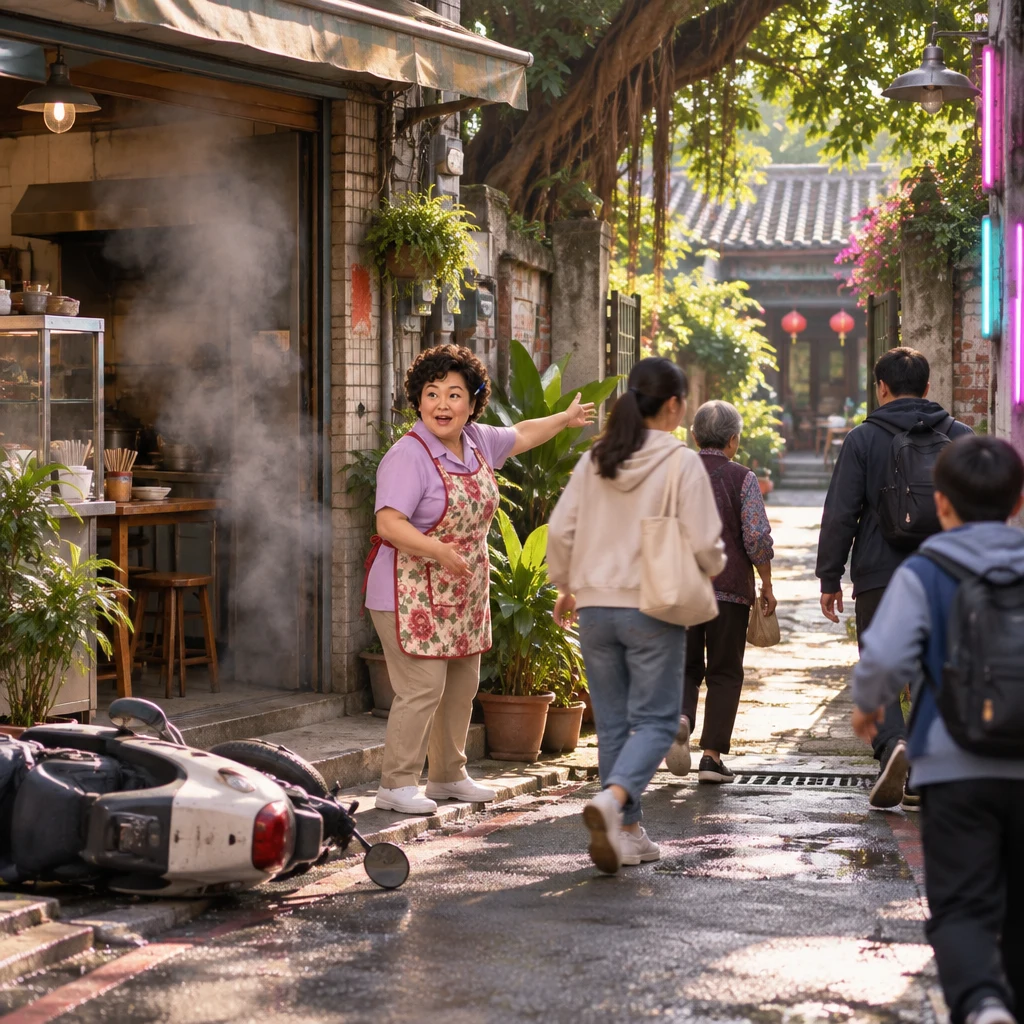 Auntie Lin guides people away from a slipped scooter as smoke curls near the breakfast-shop entrance.