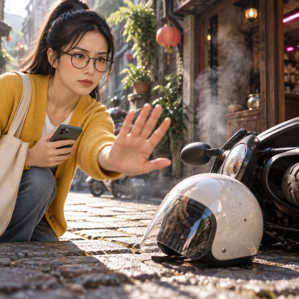 Yi-Jun holds a stopping palm between a bystander and the fallen scooter.