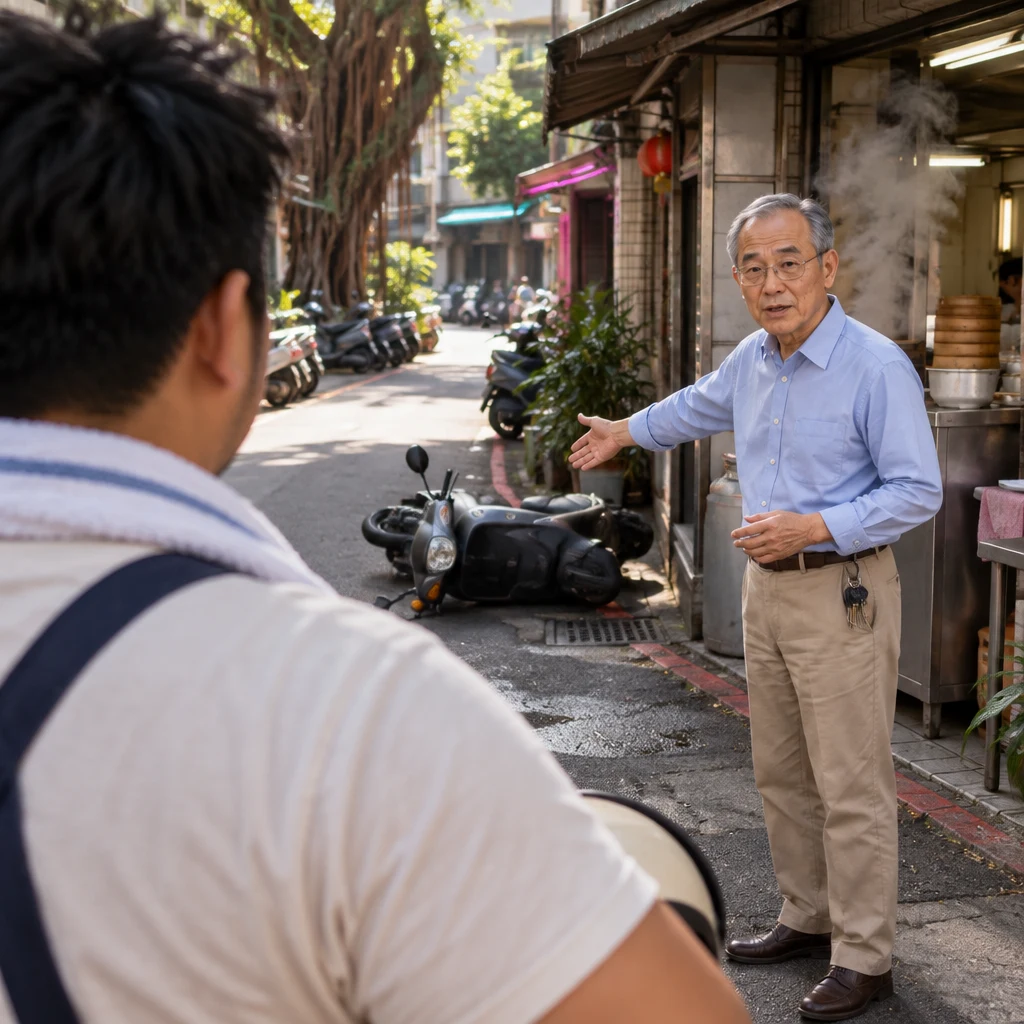 Mr. Wang gestures toward the slipped scooter while A-Jie looks on from the foreground.